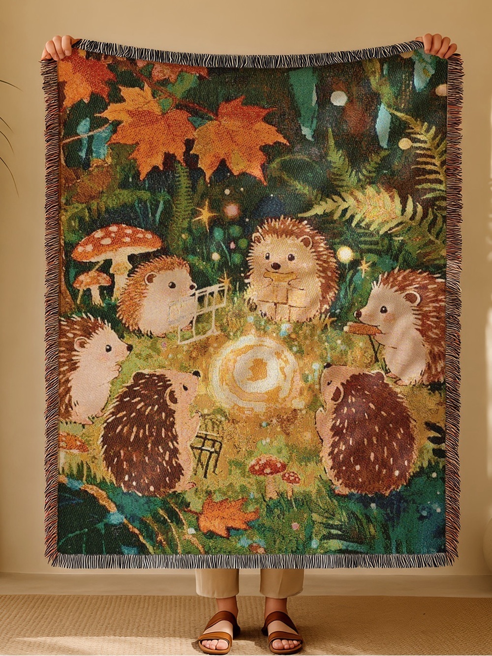 Cottagecore Hedgehog Campfire Throw Blanket Whimsical Forest Fringe Tapestry NWT